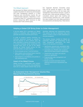 The OMaaS Approach                                                  Our Cognizant Business Consulting group
                                                                    kicks off the process by taking a very data-
We developed the OMaaS methodology and have
                                                                    centric approach to how a CSP can make order
created a foundation for delivering and managing
                                                                    management improvements through a review of
CSP order management solutions in a more
                                                                    all work items. Using specially designed IT tools,
responsive and cost-effective manner. We use
                                                                    consultants analyze agent order handling and
a three-pronged approach, integrating a cross-
                                                                    current business outcomes (e.g., order cancella-
competency team of IT, consulting and business
                                                                    tion rates, multiple truck rolls), apply quantitative
process outsourcing (BPO) resources to align
                                                                    risk assessments and develop fixes. These factors
business and IT with common goals.




Helping a Global CSP Bring Order to Order Management
A tier-one global CSP is leveraging our OMaaS                       identified, addressed and implemented quickly.
solution to streamline order management and                         This reduces the time to implement fixes from
generate new levels of business performance.                        weeks or months, to days or weeks (depending on
                                                                    size and complexity).
In order to properly position incentives, our
multi-year agreement focused on aligning IT                         The process changes enabled by OMaaS are
and the business to drive common goals. We                          profoundly affecting the performance of the
were motivated to improve the process in order                      order management organization. The initial
to increase knowledge worker productivity and                       impact on the operation is as follows:
decrease head count. As part of the OMaaS
offering, we offered flexible pricing. For this
                                                                    •	 Significantly reduced order cancellation rates,
                                                                         resulting in millions of dollars of revenue gain.
particular project, our goals were to:
                                                                    •	 Automated over 275,000 order exceptions
•	 Drive synergies across IT and the business.                           within the first three months of deployment.
•	 Align systems and processes toward reducing                      •	 Closed three cost centers and reduced
     the effort of order management.                                     headcount significantly.
•	   Align people by consolidating and partially or
                                                                    •	 Projected total order management cost
     fully automating work.                                              savings of 30%.

Impact of the OMaaS Process                                         •	 Rapidly increased automated volumes,
                                                                         replacing manual work requirements (see
OMaaS provides a multifaceted value proposi-
                                                                         Figure 5).￼
tion. Because members of the cross-competency
team are so closely aligned, solution fixes can be



As Automated Order Management Volumes Rise,
Manual Work Requirements Decline

                        Manual Work Volume           Automation Volume
           Volume




                    0     1                  2                 3               4
                                     Time (Months)

Figure 5



                        cognizant 20-20 insights                     5
 