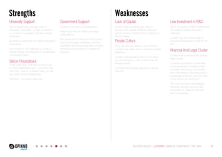 Strengths Weaknesses 
University Support 
Has a higher than average level of 
education and skills – a high proportion 
of London’s population possess tertiary 
education. 
Is home to more than 40 higher education 
institutions. 
Intel invests in UK institutes to create a 
Global Center for Research in Sustainable 
Connected Cities. 
Silicon Roundabout 
Three years ago, this area housed only 
a dozen digital start-ups - now there are 
over 300. Last.fm is based there, as are 
SoundCloud and TweetDeck. 
Techhub – to nurture start-ups. 
Lack of Capital 
London has a funding gap, with 81 
percent less capital raised by startups 
before product market fit than startups in 
Silicon Valley. 
Government Support 
Grants in the form of competitions. 
Relief schemes for SMEs and large 
corporations. 
Tax schemes for start-ups, the London 
Stock Exchange’s facilitation, and the 
availability and encouragement of highly 
trained professionals from traditional 
sources. 
. 
People Culture 
They are 9% less likely to work full time. 
London has been slow in adopting mobile 
platforms. 
London entrepreneurs focus 81% more 
on consulting as a side activity than SV 
entrepreneurs. 
London’s technology adoption is slower 
than SV. 
17 
Low Investment in R&D 
Much of London’s R&D investments 
are made in higher education 
institutes. 
London has the lowest level of 
business investment in R&D in the 
UK. 
FInancial And Legal Cluster 
London has a strong financial and 
legal cluster. 
London’s population is less likely 
to be employed in medium-high 
and high technology companies 
and more likely to be employed in 
knowledge-intensive services than 
in the rest of UK and EU27. 
Too much focus on knowledge-intensive 
services and too little 
emphasis on medium and high-tech 
companies. 
SILICON VALLEY LONDON BERLIN SANTIAGO TEL AVIV 
 
