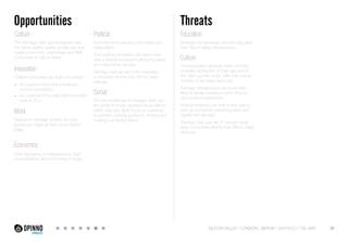 Opportunities Threats 
Culture 
The Santiago start-ups ecosystem has 
the same healthy variety of start-ups that 
target consumers, enterprises and SME 
customers as Silicon Valley. 
Education 
Santiago entrepreneurs are less educated 
than Silicon Valley entrepreneurs. 
Culture 
The ecosystem generally does not have 
a healthy distribution of start-ups across 
the “start-ups life-cycle”, with only a small 
number of late stage start-ups. 
Santiago entrepreneurs are much less 
likely to tackle markets in which they’ve 
had previous experience. 
Political initiatives can help to kick start a 
start-up ecosystem (attracting talent and 
capital from abroad). 
Santiago start-ups are 31 percent more 
likely to monetize directly than Silicon Valley 
start-ups. 
Innovation 
Chilean companies are highly innovative: 
• 93.5 percent firms that introduced 
product innovations. 
• 94.3 percent firms planning to innovate 
more in 2014. 
34 
Work 
Startups in Santiago employ as many 
people per stage as start-ups in Silicon 
Valley. 
Economics 
Chile has plenty of infrastructures, high 
industrialization and economies of scale. 
Political 
Economy and institutions are stable and 
respectable. 
Their political iniciatives can help to kick 
start a startup ecosystem (attracting talent 
and capital from abroad). 
Santiago startups are 31% more likely 
to monetize directly than Silicon Valley 
startups. 
Social 
The key challenges of Santiago start-ups 
are similar to those experienced by Silicon 
Valley start-ups. Both focus on customer 
acquisition, building products, funding and 
building successful teams. 
SILICON VALLEY LONDON BERLIN SANTIAGO TEL AVIV 
 