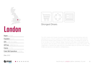 London

Strongest Drivers

Region: Europe
Population: 8.3 m
GPD: US$ 761 billion
GDP/cap: US$ 38,514
Patents: 7,173

The UK’s capital now houses thousands of entrepreneurs and technology start-ups,
standing true to London’s creative and daring history. The “Tech City” was endorsed
by UK Prime Minister David Cameron in 2010, with a plan to accelerate its growth as
far as the site of the 2012 Olympic village. Facing the difficulties of affordable housing
and spaces, there are plenty of Incubators and Accelerators to support this growth. The
collaboration of government agencies and universities plays an important role, bringing
intellectual resources and grants to entrepreneurs.

Public R&D Expenditure: 1.76 %
Data: 2012

SILICON VALLEY LONDON BERLIN SANTIAGO TEL AVIV

13

 