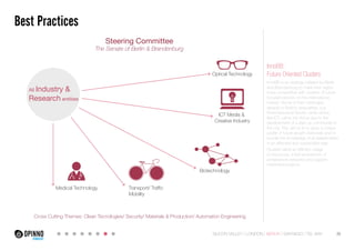 Best Practices
Steering Committee

The Senate of Berlin & Brandenburg

Optical Technology
All Industry

&

Research entities
ICT Media &
Creative Industry

InnoBB:
Future Oriented Clusters
InnoBB is an strategy initiated by Berlin
and Brandenburg to make their region
more competitive with clusters of future
focused sectors on the international
market. Some of them belonged
already to Berlin’s specialities, e.g.
Pharmaceutical Sector, while others
like ICT, came into focus due to the
development of a start-up community in
the city. The aim is to to grow a unique
profile of future growth branches and to
bundle the knowledge of all stakeholders
in an effective and sustainable way.
Clusters allow an efficient usage
of resources, a fast evolvement of
professional networks and support
interlinked projects.

Biotechnology
Medical Technology

Transport/ Traffic
Mobility

Cross Cutting Themes: Clean Tecnologies/ Security/ Materials & Production/ Automation Engineering
SILICON VALLEY LONDON BERLIN SANTIAGO TEL AVIV

26

 