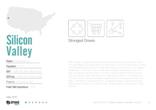Silicon
Valley
Region: North America
Population: 7.5 m
GDP: US$ 535 billion (Bay Area)
GDP/cap: US$ 74,815 (Bay Area)
Patents: 224,505 (USA)
Public R&D Expenditure: 10 %

Strongest Drivers

Silicon Valley is the leading technological hub in the world, and is located in San
Francisco Bay, in the United States. Its beginnings can be first traced back to 1950s
when Hewlett Packard’s growth in Palo Alto became the main driver of the region’s
development. This community of entrepreneurs started developing solutions for
large companies and corporations, who then started investing in these solutions,
thus creating the perfect vehicle for encouraging the creation of new enterprises.
The rest is history. Venture Capitalists began investing in entrepreneurs before the
larger corporations could acquire them. Accelerator programs started supporting
entrepreneurs before VCs invested in them. Angel Investors and Incubators swiftly
followed.

Data: 2012
SILICON VALLEY LONDON BERLIN SANTIAGO TEL AVIV

5

 