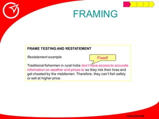 FRAMING


FRAME TESTING AND RESTATEMENT

Restatement example                          Fixed!
Traditional fishermen in rura...