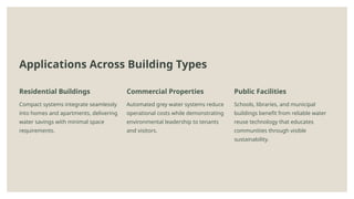 Applications Across Building Types
Residential Buildings
Compact systems integrate seamlessly
into homes and apartments, delivering
water savings with minimal space
requirements.
Commercial Properties
Automated grey water systems reduce
operational costs while demonstrating
environmental leadership to tenants
and visitors.
Public Facilities
Schools, libraries, and municipal
buildings benefit from reliable water
reuse technology that educates
communities through visible
sustainability.
 