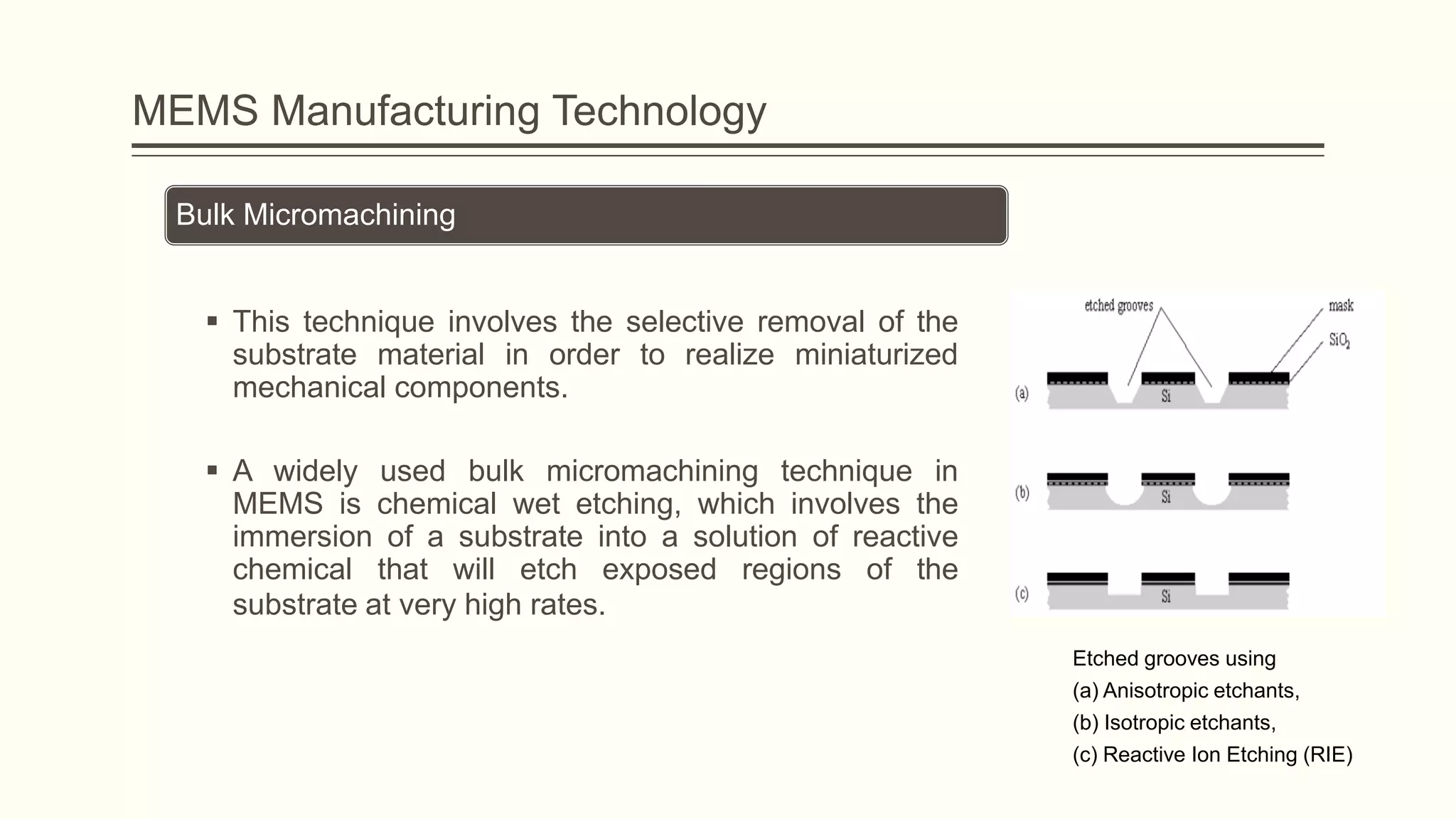 MEMS Manufacturing Technology
Bulk Micromachining
 This technique involves the selective removal of the
substrate material in order to realize miniaturized
mechanical components.

 A widely used bulk micromachining technique in
MEMS is chemical wet etching, which involves the
immersion of a substrate into a solution of reactive
chemical that will etch exposed regions of the
substrate at very high rates.
Etched grooves using
(a) Anisotropic etchants,
(b) Isotropic etchants,
(c) Reactive Ion Etching (RIE)

 