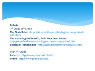 Robots
3rd Grade-12th Grade
The Finch Robot - http://store.birdbraintechnologies.com/product-
p/fr-1.htm
The Hummingbird Duo Kit, Build Your Own Robot -
http://store.birdbraintechnologies.com/category-s/106.htm
Birdbrain Technologies - http://store.birdbraintechnologies.com/
PreK-5th Grade
Cubetto - http://www.primo.io/cubetto
Primo - http://www.primo.io/index
 