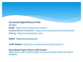 Connected Digital/Physical Tools
All Ages
Osmo - https://www.playosmo.com/en/
Collaboration & Teamwork - https://www.playosmo.com/en/schools/
Making - https://my.playosmo.com/
KANO - http://www.kano.me/
LEAP Motion - https://www.leapmotion.com/product/vr
Syma Quad Copter Drone with Camera -
http://www.cnet.com/news/get-a-syma-x5c-quad-copter-for-49-79-
shipped/
 