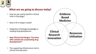 What are we going to discuss today!
Evidence
Based
Medicine
Resources
Utilization
Clinical
Research
Innovation
• How are we used to perform clinical
trials in Oncology?
• Does it fit in today’s needs?
• Integration of biology knowledge in
shaping drug development
• New Clinical trial designs “Can they
offer solution for accelerating drug
development?”
• The supporting infrastructure role in
clinical trial execution
 