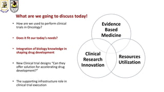 What are we going to discuss today!
Evidence
Based
Medicine
Resources
Utilization
Clinical
Research
Innovation
• How are we used to perform clinical
trials in Oncology?
• Does it fit our today’s needs?
• Integration of biology knowledge in
shaping drug development
• New Clinical trial designs “Can they
offer solution for accelerating drug
development?”
• The supporting infrastructure role in
clinical trial execution
 