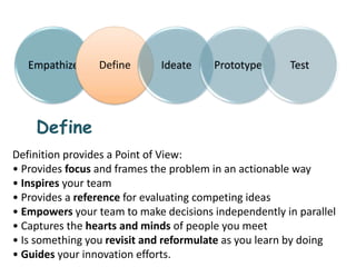 Empathize     Define      Ideate    Prototype      Test




    Define
Definition provides a Point of View:
• Provides foc...