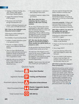 Ÿ Training in Software Testing, Java,
.NET, Python, PHP, Digital
Marketing & Spoken English
Ÿ Campus Recruitment Training
(CRT) program
Ÿ Placement on IT Job Proﬁles
through SmartHunt4u.com
Ÿ Global Certiﬁcation Preparation and
Exams, such as ISTQB and Oracle.
Q#5. What are the challenges in the
Education Sector in India?
Following are certain challenges in
Indian education sector
Unavailability of good teaching faculty
Ÿ Syllabus of Indian education system
is not updated on time.
Ÿ Diversity in syllabus, teaching
quality across diﬀerent educational
institute.
Ÿ There is a huge educational gap
between urban and rural areas due to
indiﬀerent attitude of educational
institutes towards rural areas where
70 % of population resides.
Ÿ High fees often act as a barrier for
those living under poverty thus
leaving many of them out of
educational zone.
Ÿ No proper exposure to innovative
ideas leading to brain drain
Ÿ Inadequate budgetary support from
government.
Q#6. Please share the latest
technology that the company is
utilizing to oﬀer better learning
solutions.
We are using web based open source
technologies to oﬀer online contents.
SQUAD Infotech believes in basic and
advance technology learning
methodology. We use LMS (Learning
Management System), learning portal
like SQUADonline and training
delivery through goto-meeting.
Q#7. How does the ﬁrm intend to
handle its Societal Responsibility?
Please mention any special charity or
program as such.
For the growth of any business Passion
to build a better society act as fuel.
The main aim of the Squad is to be a
reason for the success of Indian youths
and to be a part of inclusive
development. Following are key points
that highlights our attitude towards
Societal Responsibility
Quality:- Squad ensures that each and
every student gets good quality of
education material designed by high
quality faculties at minimal coast
Scholarship programs:- Our
Scholarship programs will create an
opportunity to avail best of knowledge
at free of cost
Awareness program:- Colleges and
underdeveloped districts would be
selected to create awareness among
youths about importance of education.
Q#8. What would be your advice for
the budding start-ups and
entrepreneurs in the industry?
Following are certain points which I
would like to suggest
Ÿ Focus, Will, Determination &
Ability to take Decision
Ÿ Prepare for the best but be ready for
the worst.
Ÿ Never forget WHY?
Ÿ Long term planning followed by
short terms targets to achieve the
ﬁnal goal.
Ÿ Not to be afraid in odd situations,
Finance is just one ﬁgure, be
proactive, team is best asset, who
sees the same what you see.
Q#9. Brief us about the company’s
future perspectives.
SQUAD Infotech has carried vision to
build-up strong technology leadership
training delivery in diﬀerent part of
country and outside country. SQUAD
Infotech has taken multi-project to start
E-SQUAD across country with online
learning model to penetrate in tier 2
cities to minimize training cost with
world class training quality. Being
NSDC partner we have taken our
placement number very strong.
Nerul, Navi MumbaiHeadquarter
Training and PlacementSegments Handled
Quick Facts
Education & RecruitmentProminent Industry Verticals
Mastek, Capgemini, Quality
Kiosk & AQM
Most Prominent Clients
100-300 hrsTotal Content Hours
68| April 2019 |
 