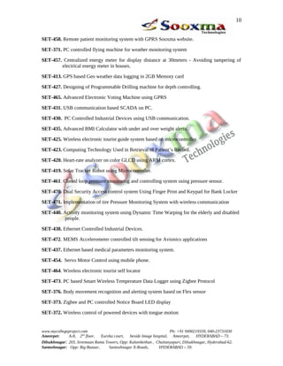 10


SET-458. Remote patient monitoring system with GPRS Sooxma website.

SET-371. PC controlled flying machine for weather monitoring system

SET-457. Centralized energy meter for display distance at 30meters - Avoiding tampering of
        electrical energy meter in houses.

SET-413. GPS based Geo weather data logging in 2GB Memory card

SET-427. Designing of Programmable Drilling machine for depth controlling.

SET-465. Advanced Electronic Voting Machine using GPRS

SET-431. USB communication based SCADA on PC.

SET-430. PC Controlled Industrial Devices using USB communication.

SET-435. Advanced BMI Calculator with under and over weight alerts.

SET-425. Wireless electronic tourist guide system based on microcontroller.

SET-423. Computing Technology Used in Retrieval of Patient’s Record.

SET-420. Heart-rate analyzer on color GLCD using ARM cortex.

SET-419. Solar Tracker Robot using Microcontroller.

SET-461. Closed loop pressure monitoring and controlling system using pressure sensor.

SET-470. Dual Security Access control system Using Finger Print and Keypad for Bank Locker

SET-471. Implementation of tire Pressure Monitoring System with wireless communication

SET-440. Activity monitoring system using Dynamic Time Warping for the elderly and disabled
         people.

SET-438. Ethernet Controlled Industrial Devices.

SET-472. MEMS Accelerometer controlled tilt sensing for Avionics applications

SET-437. Ethernet based medical parameters monitoring system.

SET-454. Servo Motor Control using mobile phone.

SET-464. Wireless electronic tourist self locator

SET-473. PC based Smart Wireless Temperature Data Logger using Zigbee Protocol

SET-376. Body movement recognition and alerting system based on Flex sensor

SET-373. Zigbee and PC controlled Notice Board LED display

SET-372. Wireless control of powered devices with tongue motion


www.mycollegeproject.com                                            Ph: +91 9490219339, 040-23731030
Ameerpet:     A-8, 2nd floor,  Eureka court,  beside Image hospital, Ameerpet,     HYDERABAD – 73.
Dilsukhnagar: 203, Sreemaan Rama Towers, Opp: Kalanikethan , Chaitanyapuri, Dilsukhnagar, Hyderabad-62.
Santoshnagar: Opp: Big Bazaar,     Santoshnagar X-Roads,      HYDERABAD – 59.
 