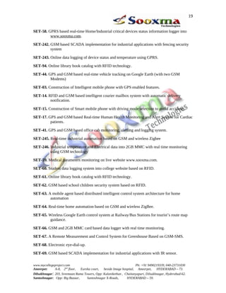 19


SET-58. GPRS based real-time Home/Industrial critical devices status information logger into
         www.sooxma.com.

SET-242. GSM based SCADA implementation for industrial applications with fencing security
         system

SET-243. Online data logging of device status and temperature using GPRS.

SET-94. Online library book catalog with RFID technology.

SET-44. GPS and GSM based real-time vehicle tracking on Google Earth (with two GSM
         Modems)

SET-03. Construction of Intelligent mobile phone with GPS enabled features.

SET-14. RFID and GSM based intelligent courier mailbox system with automatic delivery
         notification.

SET-15. Construction of Smart mobile phone with driving mode selection to avoid accidents.

SET-17. GPS and GSM based Real-time Human Health Monitoring and Alert System for Cardiac
         patients.

SET-41. GPS and GSM based office cab monitoring, alerting and logging system.

SET-245. Real-time industrial automation based on GSM and wireless Zigbee

SET-246. Industrial temperature and Electrical data into 2GB MMC with real time monitoring
         using GSM technology

SET-59. Medical parameters monitoring on live website www.sooxma.com.

SET-60. Student data logging system into college website based on RFID.

SET-61. Online library book catalog with RFID technology.

SET-62. GSM based school children security system based on RFID.

SET-63. A mobile agent based distributed intelligent control system architecture for home
         automation

SET-64. Real-time home automation based on GSM and wireless ZigBee.

SET-65. Wireless Google Earth control system at Railway/Bus Stations for tourist’s route map
         guidance.

SET-66. GSM and 2GB MMC card based data logger with real time monitoring.

SET-67. A Remote Measurement and Control System for Greenhouse Based on GSM-SMS.

SET-68. Electronic eye-dial-up.

SET-69. GSM based SCADA implementation for industrial applications with IR sensor.

www.mycollegeproject.com                                            Ph: +91 9490219339, 040-23731030
Ameerpet:     A-8, 2nd floor,  Eureka court,  beside Image hospital, Ameerpet,     HYDERABAD – 73.
Dilsukhnagar: 203, Sreemaan Rama Towers, Opp: Kalanikethan , Chaitanyapuri, Dilsukhnagar, Hyderabad-62.
Santoshnagar: Opp: Big Bazaar,     Santoshnagar X-Roads,      HYDERABAD – 59.
 