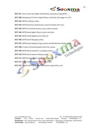 22


SET-28. Touch screen and Zigbee based library automation using RFID.

SET-100. Designing of 24 hours digital library and books data logger in to PC.

SET-101. RFID warehouse robot.

SET-102. RFID based bus identification system for blind with voice.

SET-103. RFID Card based security access control systems.

SET-104. RFID based digital library system and alerts.

SET-105. RFID based Highway toll collection

SET-106. RFID based Shopping trolley.

SET-107. RFID based employee login system and identification display on PC.

SET-108. A smart card based prepaid electricity system.

SET-109. RFID based automatic car parking system.

SET-110. RFID based animal tracking system.

SET-111. RFID based prepaid card for petrol station.

SET-112. RFID based medical information system.

SET-335. Auto-Credit Energy Metering System using mifare card.




www.mycollegeproject.com                                            Ph: +91 9490219339, 040-23731030
Ameerpet:     A-8, 2nd floor,  Eureka court,  beside Image hospital, Ameerpet,     HYDERABAD – 73.
Dilsukhnagar: 203, Sreemaan Rama Towers, Opp: Kalanikethan , Chaitanyapuri, Dilsukhnagar, Hyderabad-62.
Santoshnagar: Opp: Big Bazaar,     Santoshnagar X-Roads,      HYDERABAD – 59.
 