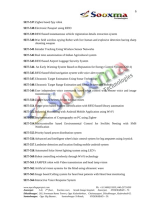 6


SET-537.Zigbee based Spy robot

SET-538.Electronic Passport using RFID

SET-539.RFID based instantaneous vehicle registration details extraction system

SET-540.War field wireless spying Robot with live human and explosive detection having sharp
        shooting weapon

SET-541.Intruder Tracking Using Wireless Sensor Networks

SET-542.Real time automization of Indian Agricultural system

SET-543.RFID based Airport Luggage Security System

SET-544. An Early Warning System Based on Reputation for Energy Control Systems (2011)

SET-545.RFID based blind navigation system with voice alert system

SET-547.Ultrasonic Target Estimation Using Sonar Technology

SET-548.Ultrasonic Target Range Estimation and Obstacle detection Robot

SET-549.User independent voice commands based robot control with remote voice and image
        transmission

SET-550.Zigbee based helmet design for coal mines

SET-551.Finger print based Student identification with RFID based library automation

SET-552.Industrial Monitoring with Android Mobile Application using Wi-Fi

SET-553.Implementation of Cryptography on PC using Zigbee

SET-554.Microcontroller based Environmental Control for Swiftlet Nesting with SMS
        Notification

SET-555.Priority based power distribution system

SET-556.Advanced and Intelligent wheel chair control system for leg amputees using Joystick

SET-557.Landmine detection and location finding mobile android system

SET-558.Automated Solar Street lighting system using LED’s

SET-560.Robot controlling wirelessly through Wi-Fi technology

SET-561.FAMPER robot with Video transmission and head lamp vision

SET-562.Artificial vision systems for the blind using ultrasonic wave

SET-563.Image based Calling system for heart beat patients with Heart beat monitoring

SET-564.Interactive Voice Response System

www.mycollegeproject.com                                            Ph: +91 9490219339, 040-23731030
Ameerpet:     A-8, 2nd floor,  Eureka court,  beside Image hospital, Ameerpet,     HYDERABAD – 73.
Dilsukhnagar: 203, Sreemaan Rama Towers, Opp: Kalanikethan , Chaitanyapuri, Dilsukhnagar, Hyderabad-62.
Santoshnagar: Opp: Big Bazaar,     Santoshnagar X-Roads,      HYDERABAD – 59.
 