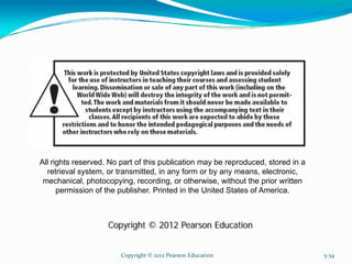 Copyright © 2012 Pearson Education 5-34
All rights reserved. No part of this publication may be reproduced, stored in a
retrieval system, or transmitted, in any form or by any means, electronic,
mechanical, photocopying, recording, or otherwise, without the prior written
permission of the publisher. Printed in the United States of America.
Copyright © 2012 Pearson Education
 