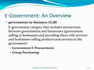 E-Government: An Overview
government-to-business (G2B)
E-government category that includes interactions
between governments and businesses (government
selling to businesses and providing them with services
and businesses selling products and services to the
government)
Government E-Procurement
Group Purchasing
Copyright © 2012 Pearson Education 5-5
 