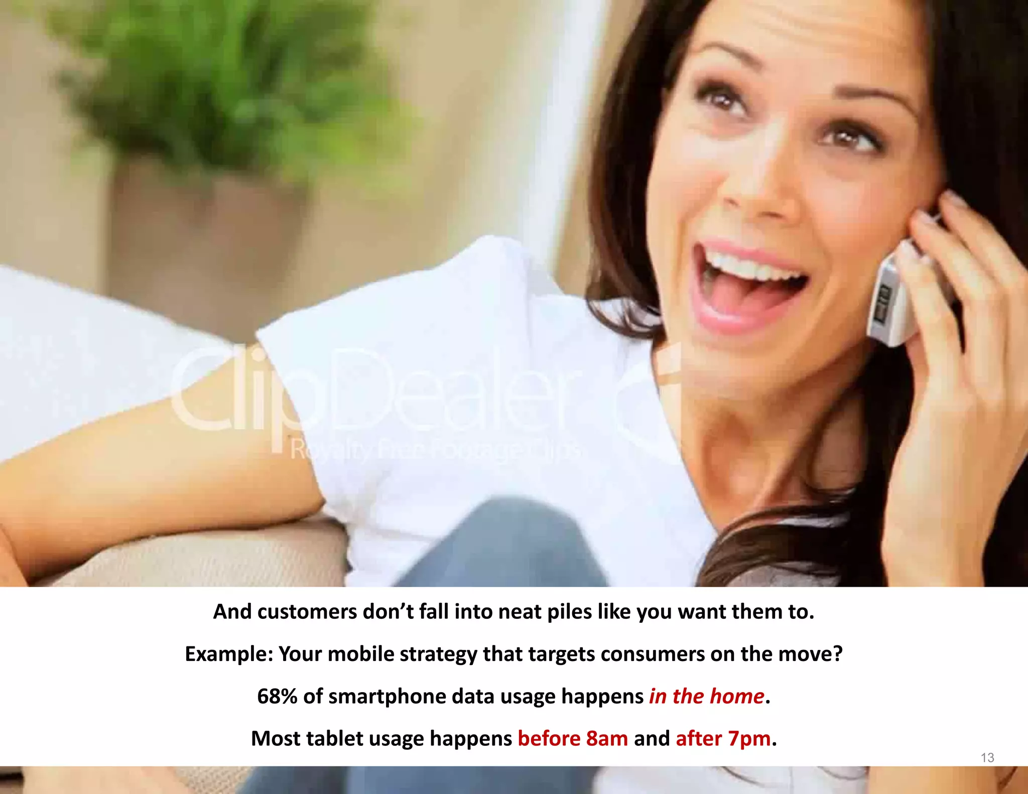 And customers don’t fall into neat piles like you want them to.
Example: Your mobile strategy that targets consumers on the move?
68% of smartphone data usage happens in the home.
Most tablet usage happens before 8am and after 7pm.
13
 