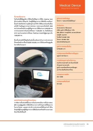 35
ที่มาของโครงการ
ในปัจจุบันนี้ผู้ที่สูญเสียการได้ยินหรือมีปัญหาการได้ยิน (hearing loss)
มีจำ�นวนเพิ่มมากขึ้นทุกวัน โดยผู้ที่มีปัญหาทางการได้ยินนี้อาจจะเป็นมา
ตั้งแต่กำ�เนิดหรือเกิดจากอุบัติเหตุต่างๆทำ�ให้การได้ยินบกพร่องหรือเสื่อม
ลงไปได้ โดยข้อมูลจากกรมการปกครอง กระทรวงมหาดไทยในปี 2548
พบว่าประเทศไทยมีจำ�นวนผู้มีปัญหาทางการได้ยินจำ�นวน 3,400,000 คน
จากจำ�นวนประชากรในประเทศทั้งหมด 71,000,000 คน คิดเป็นร้อยละ
4.78 ของจำ�นวนประชากรทั้งหมด โดยส่วนมากจะพบในผู้สูงอายุมากถึง
1,600,000 คน
ซึ่งเครื่องช่วยฟังที่ใช้อยู่ในปัจจุบันนั้นจะต้องนำ�เข้ามาจากต่างประเทศ
ทั้งหมดโดยมีราคาตั้งแต่ 30,000-100,000 บาท ทำ�ให้ประเทศไทยสูญเสีย
โอกาศเป็นจำ�นวนมาก
รูปแบบการสนับสนุน:
โครงการ “แปลงเทคโนโลยีเป็นทุน”
.............................................................
ดำ�เนินการ:
ผศ.นพ.สมชาย พัฒนะเอนก	
บริษัท ศูนย์การได้ยินดีเมด จำ�กัด
326, 326/3-4 ถนนสุโขทัย แขวงสวนจิตรลดา 
เขตดุสิต กรุงเทพฯ
โทรศัพท์: 02-668 1300	
โทรสาร: 02-668 1304
www.dmedhearing.com
.............................................................
มูลค่าการลงทุนเริ่มต้น:
6,750,000 บาท
.............................................................
การคุ้มครองทรัพย์สินทางปัญญา:
อยู่ระหว่างดำ�เนินการ
.............................................................
การสนับสนุนทางด้านวิชาการ:
คณะวิศวกรรมศาสตร์ สถาบันเทคโนโลยี
เจ้าคุณทหารลาดกระบัง
ศูนย์การแพทย์สมเด็จพระเทพรัตนสุดา 
มหาวิทยาลัยศรีนครินทรวิโรฒ
.............................................................
มาตรฐานการผลิต:
ISO 13485
.............................................................
มาตรฐานผลิตภัณฑ์:
CE mark
ผลประโยชน์ทางเศรษฐกิจและสังคม
การพัฒนาเครื่องช่วยฟังขึ้นเองภายในประเทศจะเป็นการเพิ่มโอกาสของ
ผู้พิการและผู้สูญเสียการได้ยินให้สามารถการเข้าถึงอุปกรณ์ที่มีคุณภาพ
ในราคาไม่แพง และลดการนำ�เข้าจากต่างประเทศได้เป็นอย่างดี ซึ่งใน
ปัจจุบันมีผู้ป่วยและผู้มีปัญหาทางการได้ยินในประเทศไทยมีจำ�นวนมากและ
มีแนวโน้มเพิ่มขึ้นทุกปี
 