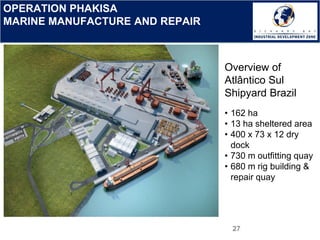 OPERATION PHAKISA
MARINE MANUFACTURE AND REPAIR
27
Overview of
Atlântico Sul
Shipyard Brazil
• 162 ha
• 13 ha sheltered area
• 400 x 73 x 12 dry
dock
• 730 m outfitting quay
• 680 m rig building &
repair quay
 