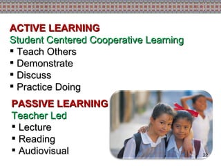 ACTIVE LEARNING Student Centered Cooperative Learning Teach Others  Demonstrate Discuss Practice Doing PASSIVE LEARNING Teacher Led Lecture Reading Audiovisual 