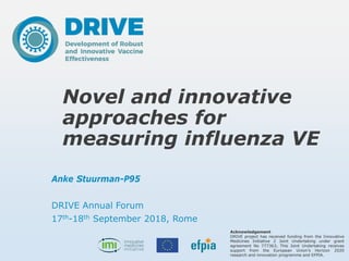 Acknowledgement
DRIVE project has received funding from the Innovative
Medicines Initiative 2 Joint Undertaking under grant
agreement No 777363, This Joint Undertaking receives
support from the European Union’s Horizon 2020
research and innovation programme and EFPIA.
Novel and innovative
approaches for
measuring influenza VE
Acknowledgement
DRIVE project has received funding from the Innovative
Medicines Initiative 2 Joint Undertaking under grant
agreement No 777363, This Joint Undertaking receives
support from the European Union’s Horizon 2020
research and innovation programme and EFPIA.
Anke Stuurman-P95
DRIVE Annual Forum
17th-18th September 2018, Rome
 
