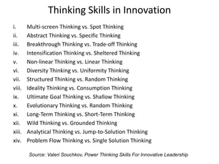 Thinking Skills in Innovation
i. Multi-screen Thinking vs. Spot Thinking
ii. Abstract Thinking vs. Specific Thinking
iii. Breakthrough Thinking vs. Trade-off Thinking
iv. Intensification Thinking vs. Sheltered Thinking
v. Non-linear Thinking vs. Linear Thinking
vi. Diversity Thinking vs. Uniformity Thinking
vii. Structured Thinking vs. Random Thinking
viii. Ideality Thinking vs. Consumption Thinking
ix. Ultimate Goal Thinking vs. Shallow Thinking
x. Evolutionary Thinking vs. Random Thinking
xi. Long-Term Thinking vs. Short-Term Thinking
xii. Wild Thinking vs. Grounded Thinking
xiii. Analytical Thinking vs. Jump-to-Solution Thinking
xiv. Problem Flow Thinking vs. Single Solution Thinking
Source: Valeri Souchkov, Power Thinking Skills For Innovative Leadership
 
