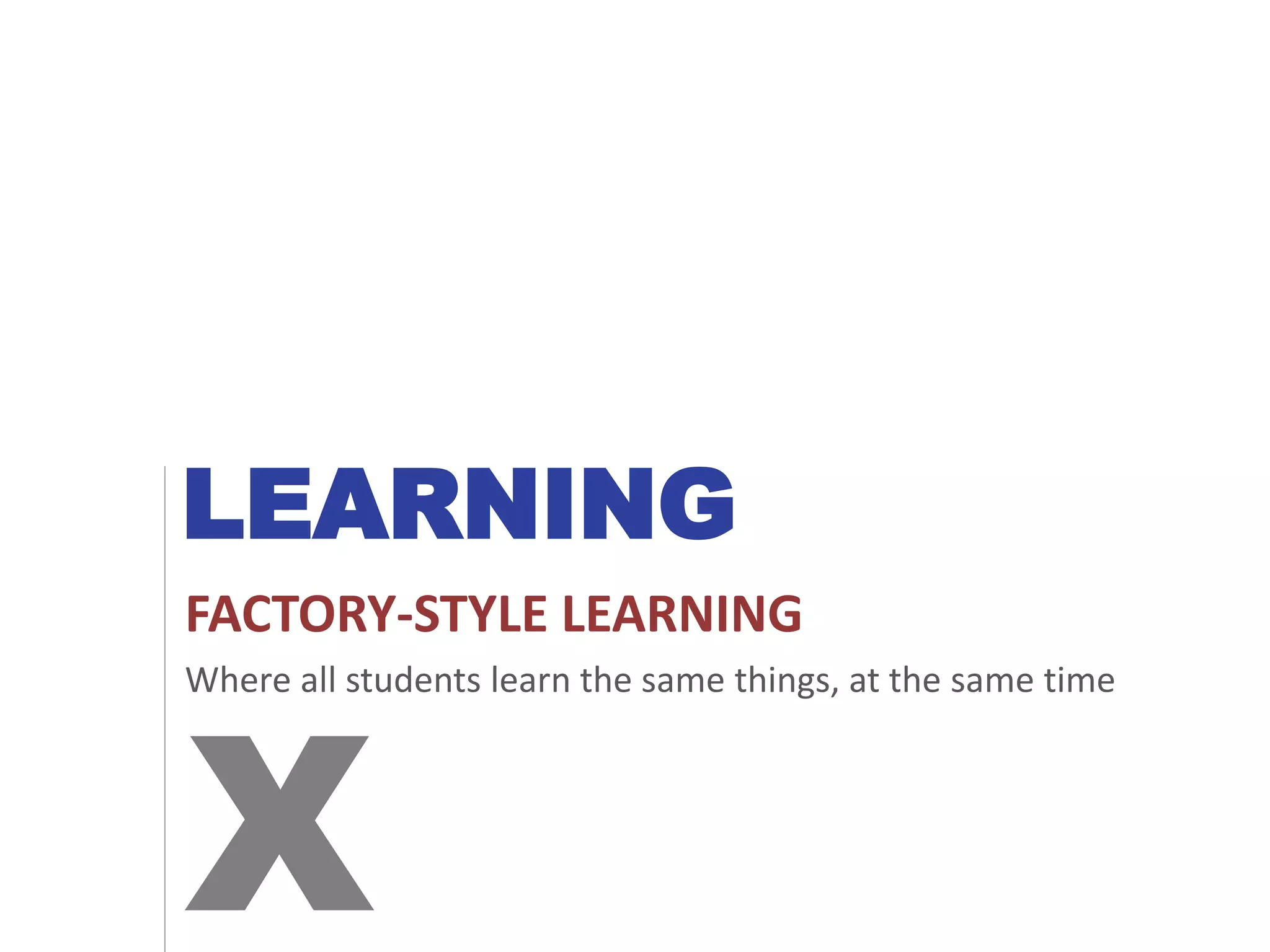 LEARNING
FACTORY-STYLE LEARNING
Where all students learn the same things, at the same time
X
 