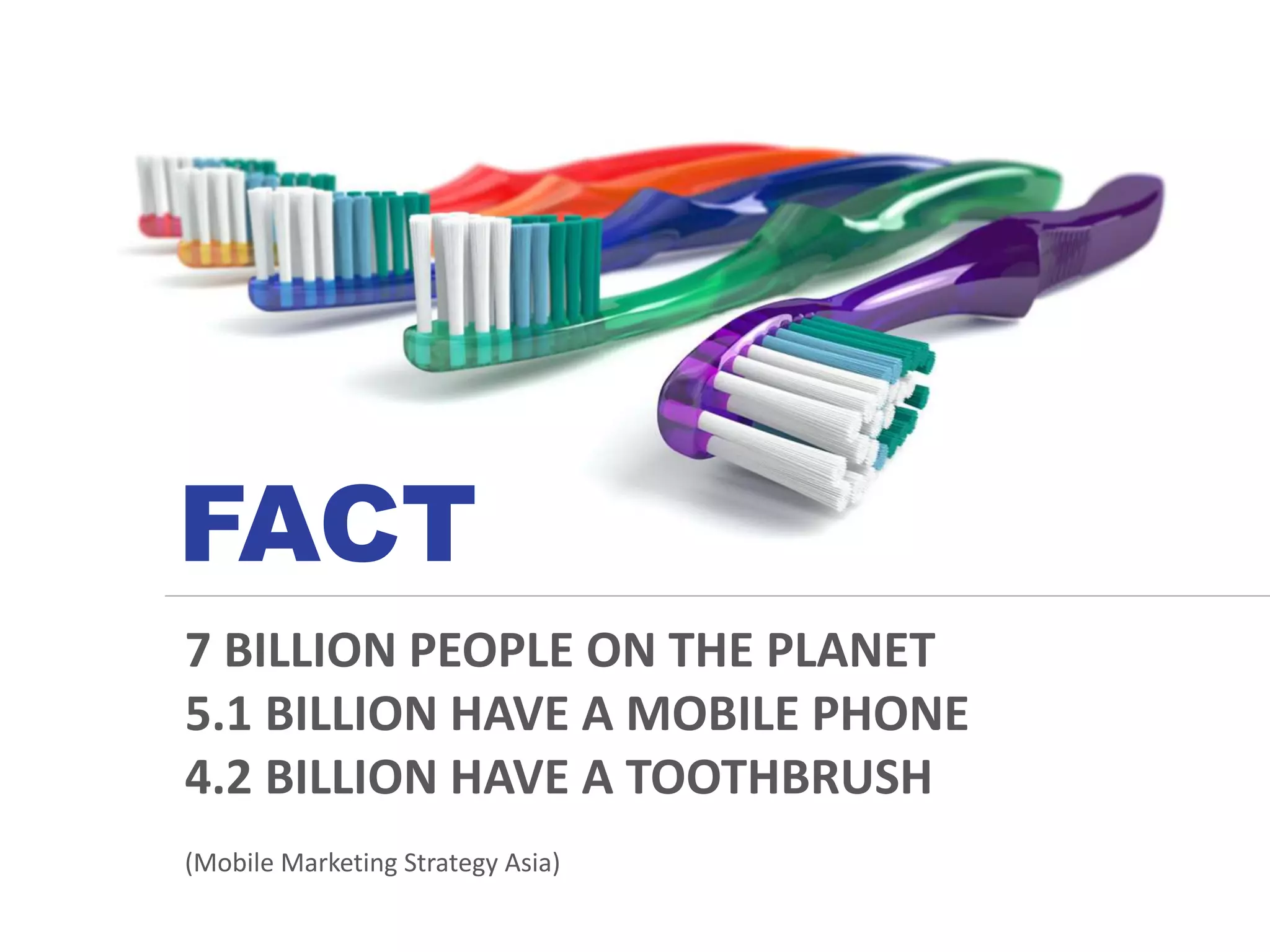 FACT
7 BILLION PEOPLE ON THE PLANET
5.1 BILLION HAVE A MOBILE PHONE
4.2 BILLION HAVE A TOOTHBRUSH
(Mobile Marketing Strategy Asia)
 