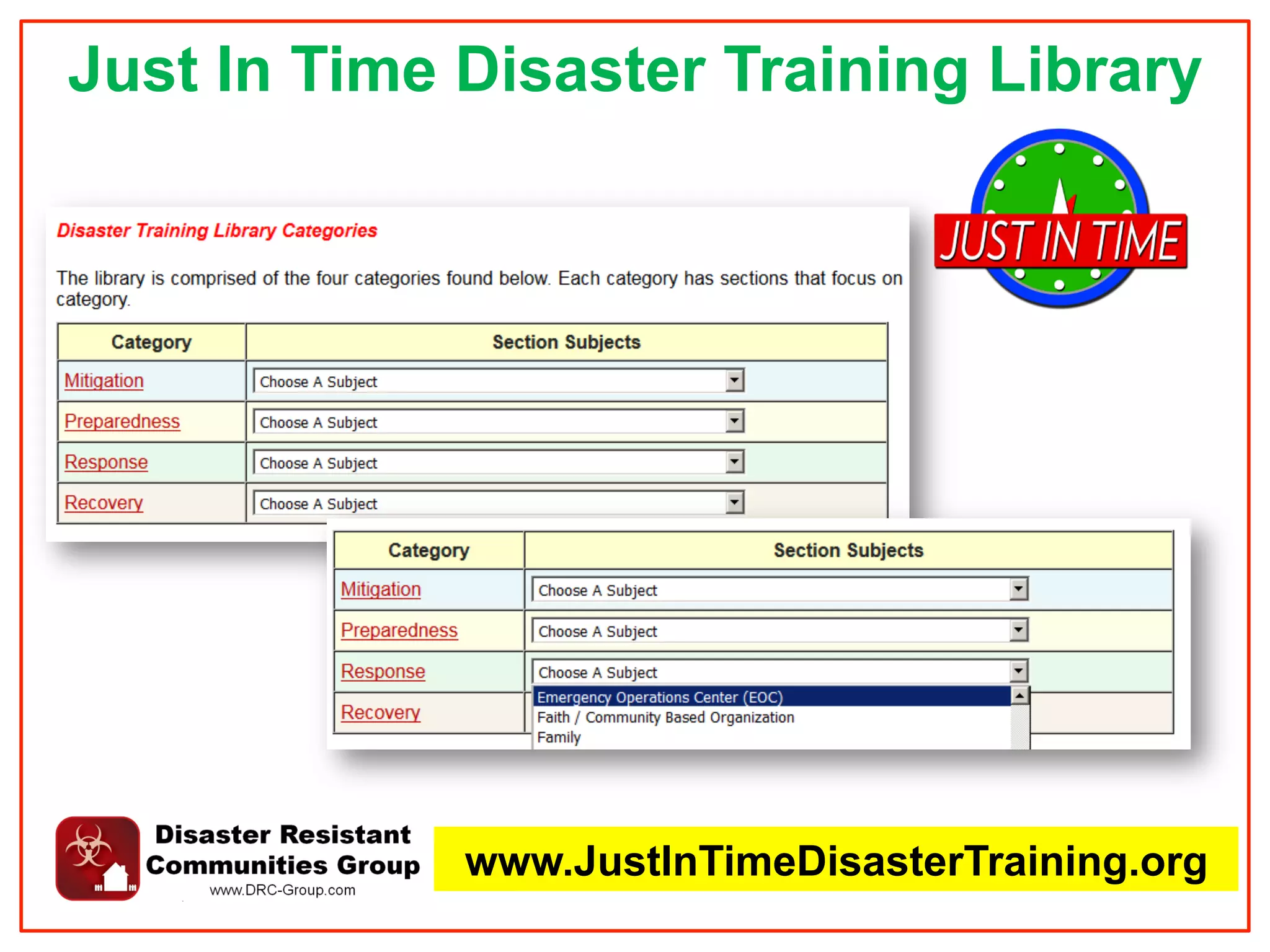 Just In Time Disaster Training Library
www.JustInTimeDisasterTraining.org
 