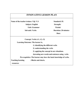 INNOVATIVE LESSON PLAN 
Name of the teacher trainee: Viji. V.S Standard: IX 
Subject: English Strength: 
Unit: Grammar Period: 
Sub unit: Verbs Duration: 20 minutes 
Date: 
Concept: Verbs (v1, v2, v3) 
Learning Outcome: The learner is, 
1) identifying the different verbs 
2) understanding the verbs 
3) applying the concept in new situations. 
4)creating new words and sentences using verbs 
Pre-requisites: The learner may have the basic knowledge of verbs. 
Teaching learning : Blocks and charts. 
resources 
 