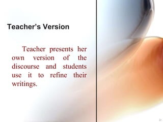 Teacher’s Version
Teacher presents her
own version of the
discourse and students
use it to refine their
writings.
22
 