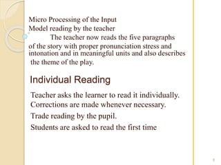 Micro Processing of the Input 
Model reading by the teacher 
The teacher now reads the five paragraphs 
of the story with proper pronunciation stress and 
intonation and in meaningful units and also describes 
the theme of the play. 
Individual Reading 
8 
Teacher asks the learner to read it individually. 
Corrections are made whenever necessary. 
Trade reading by the pupil. 
Students are asked to read the first time 
 