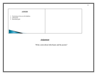 9
ANSWERS
1. Swimming in the sea with dolphins.
2. Alliteration.
3. Burnished gold
Assignment
Write a note about John Keats and his poems?
 