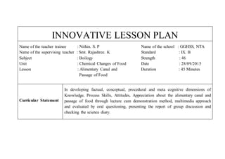 INNOVATIVE LESSON PLAN
Name of the teacher trainee : Nithin. S. P Name of the school : GGHSS, NTA
Name of the supervising teacher : Smt. Rajashree. K Standard : IX. B
Subject : Boilogy Strength : 46
Unit : Chemical Changes of Food Date : 28/09/2015
Lesson : Alimentary Canal and Duration : 45 Minutes
Passage of Food
Curricular Statement
In developing factual, conceptual, procedural and meta cognitive dimensions of
Knowledge, Process Skills, Attitudes, Appreciation about the alimentary canal and
passage of food through lecture cum demonstration method, multimedia approach
and evaluated by oral questioning, presenting the report of group discussion and
checking the science diary.
 