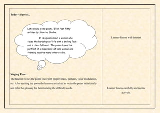 Today’s Special..
Singing Time…
The teacher recites the poem once with proper stress, gestures, voice modulation,
etc. After reciting the poem the learners are asked to recite the poem individually
and refer the glossary for familiarizing the difficult words.
Learner listens with interest
Learner listens carefully and recites
actively.
Let’s enjoy a new poem…“Even Past Fifty”
written by Shantha Shelke.
It is a poem about a woman who
faces the hardships of life with a smiling face
and a cheerful heart. The poem draws the
portrait of a miserable yet bold woman and
thereby inspires many others to be.
 