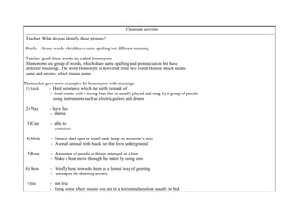Classroom activities 
Teacher: What do you identify these pictures? 
Pupils : Some words which have same spelling but different meaning 
Teacher: good these words are called homonyms. 
Homonyms are group of words, which share same spelling and pronunciation but have 
different meanings. The word Homonym is delivered from two words Homos which means 
same and onyms, which means name. 
The teacher gave more examples for homonyms with meanings 
1) Rock - Hard substance which the earth is made of 
- loud music with a strong beat that is usually played and sung by a group of people 
using instruments such as electric guitars and drums 
2) Play - have fun 
- drama 
3) Can - able to 
- container 
4) Mole - Natural dark spot or small dark lump on someone’s skin 
- A small animal with black fur that lives underground 
5)Row - A number of people or things arranged in a line 
- Make a boat move through the water by using oars 
6) Bow - briefly bend towards them as a formal way of greeting 
- a weapon for shooting arrows. 
7) lie - not true 
- lying some where means you are in a horizontal position usually in bed. 
 