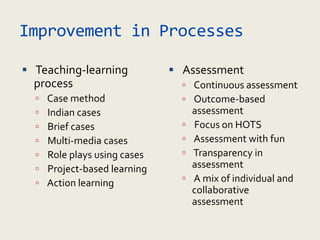 Improvement in Processes
 Teaching-learning
process
 Case method
 Indian cases
 Brief cases
 Multi-media cases
 Role plays using cases
 Project-based learning
 Action learning
 Assessment
 Continuous assessment
 Outcome-based
assessment
 Focus on HOTS
 Assessment with fun
 Transparency in
assessment
 A mix of individual and
collaborative
assessment
 