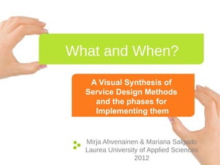 What and When?
   A Visual Synthesis of
  Service Design Methods
    and the phases for
    Implementing them


  Mirja Ahvenainen & Mariana Salgado
  Laurea University of Applied Sciences
                  2012
 