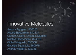Innovative Molecules
Jessica Agugiaro, 836055
Alessio Boccaletto, 842337
Carmen Castro, Erasmus Student
Marilisa Chioccarello, 824015
Giulia Panighello, 833356
Gabriele Squarzola, 860976
Andrea Vitadello, 832336
 