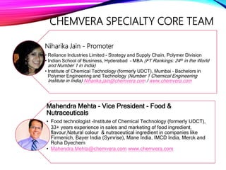 CHEMVERA SPECIALTY CORE TEAM
Niharika Jain - Promoter
• Reliance Industries Limited – Strategy and Supply Chain, Polymer Division
• Indian School of Business, Hyderabad – MBA (FT Rankings: 24th in the World
and Number 1 in India)
• Institute of Chemical Technology (formerly UDCT), Mumbai – Bachelors in
Polymer Engineering and Technology (Number 1 Chemical Engineering
Institute in India) Niharika.jain@chemvera.com / www.chemvera.com
Mahendra Mehta - Vice President - Food &
Nutraceuticals
• Food technologist -Institute of Chemical Technology (formerly UDCT),
• 33+ years experience in sales and marketing of food ingredient,
flavour,Natural colour & nutraceutical ingredient in companies like
Firmenich, Bayer India (Symrise), Mane India, IMCD India, Merck and
Roha Dyechem
• Mahendra.Mehta@chemvera.com www.chemvera.com
 