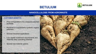 18
BETULIUM
NANOCELLULOSE FROM AGROWASTE
CUSTOMER BENEFITS
• Price comparable to the cheapest polymers
available
• Replaces or supplements synthetic organic
polymers
• Several industrial applications
• Low capital investment requirements and
relatively easy upscaling potential
• Several raw-material options
 