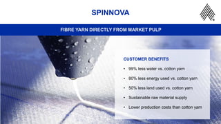 22
SPINNOVA
FIBRE YARN DIRECTLY FROM MARKET PULP
CUSTOMER BENEFITS
• 99% less water vs. cotton yarn
• 80% less energy used vs. cotton yarn
• 50% less land used vs. cotton yarn
• Sustainable raw material supply
• Lower production costs than cotton yarn
 