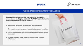 25
PAPTIC
WOOD-BASED ALTERNATIVE TO PLASTICS
Developing, producing and marketing an innovative
wood-based packaging material. PAPTIC® is an alternative
to non-renewable oil-based plastics.
• Renewable, recyclable, re-usable and resource efficient
• The most important component is sustainably sourced wood fiber
• Unique differentiation by combining ecology with premium quality
impression
• Scalable business model based on existing paper industry
infrastructure
 