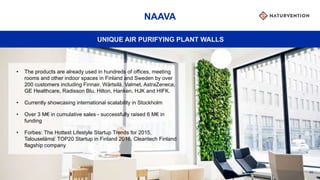 40
NAAVA
UNIQUE AIR PURIFYING PLANT WALLS
• The products are already used in hundreds of offices, meeting
rooms and other indoor spaces in Finland and Sweden by over
200 customers including Finnair, Wärtsilä, Valmet, AstraZeneca,
GE Healthcare, Radisson Blu, Hilton, Hanken, HJK and HIFK.
• Currently showcasing international scalability in Stockholm
• Over 3 M€ in cumulative sales - successfully raised 6 M€ in
funding
• Forbes: The Hottest Lifestyle Startup Trends for 2015,
Talouselämä: TOP20 Startup in Finland 2016, Cleantech Finland
flagship company
 