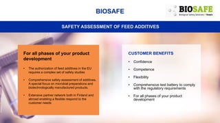 BIOSAFE
SAFETY ASSESSMENT OF FEED ADDITIVES
For all phases of your product
development
• The authorization of feed additives in the EU
requires a complex set of safety studies
• Comprehensive safety assessment of additives.
A special focus on microbial preparations and
biotechnologically manufactured products.
• Extensive partner network both in Finland and
abroad enabling a flexible respond to the
customer needs
CUSTOMER BENEFITS
• Confidence
• Competence
• Flexibility
• Comprehensive test battery to comply
with the regulatory requirements
• For all phases of your product
development
 