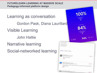 FUTURELEARN LEARNING AT MASSIVE SCALE 
Pedagogy-informed platform design 
Learning as conversation 
Gordon Pask, Diana Laurillard 
Visible Learning 
John Hattie 
Narrative learning 
Social-networked learning 
 