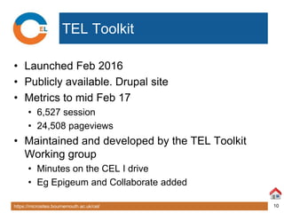 https://microsites.bournemouth.ac.uk/cel/ 10
TEL Toolkit
• Launched Feb 2016
• Publicly available. Drupal site
• Metrics to mid Feb 17
• 6,527 session
• 24,508 pageviews
• Maintained and developed by the TEL Toolkit
Working group
• Minutes on the CEL I drive
• Eg Epigeum and Collaborate added
 