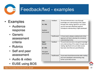 https://microsites.bournemouth.ac.uk/cel/ 22
Feedback/fwd - examples
• Examples
• Audience
response
• Generic
assessment
criteria
• Rubrics
• Self and peer
assessment
• Audio & video
• EUSE using BOS
 