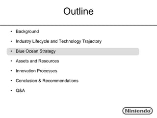 Outline
• Background

• Industry Lifecycle and Technology Trajectory

• Blue Ocean Strategy

• Assets and Resources

• Innovation Processes

• Conclusion & Recommendations

• Q&A
 